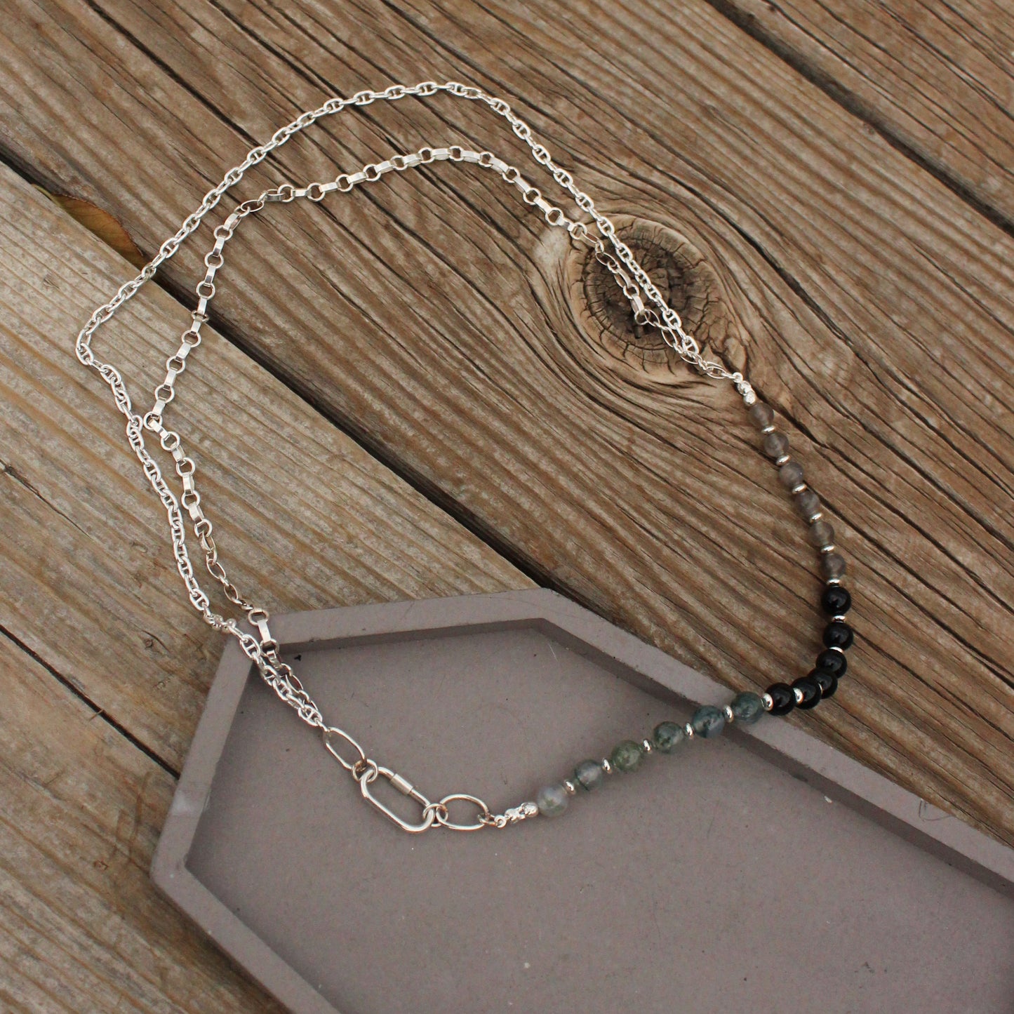 Moss Agate, Onyx, and Black Moonstone Necklace