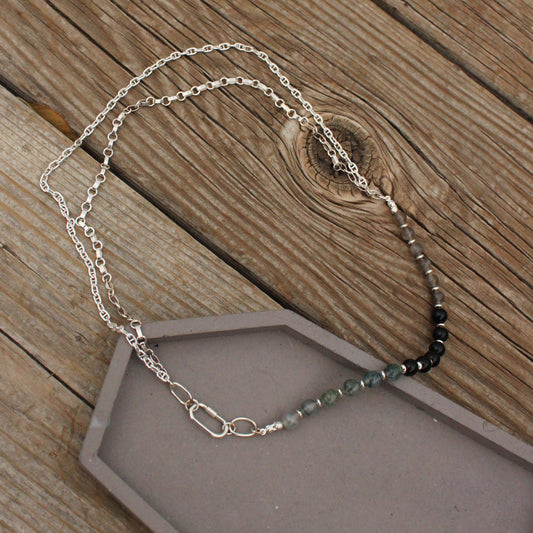 Moss Agate, Onyx, and Black Moonstone Necklace