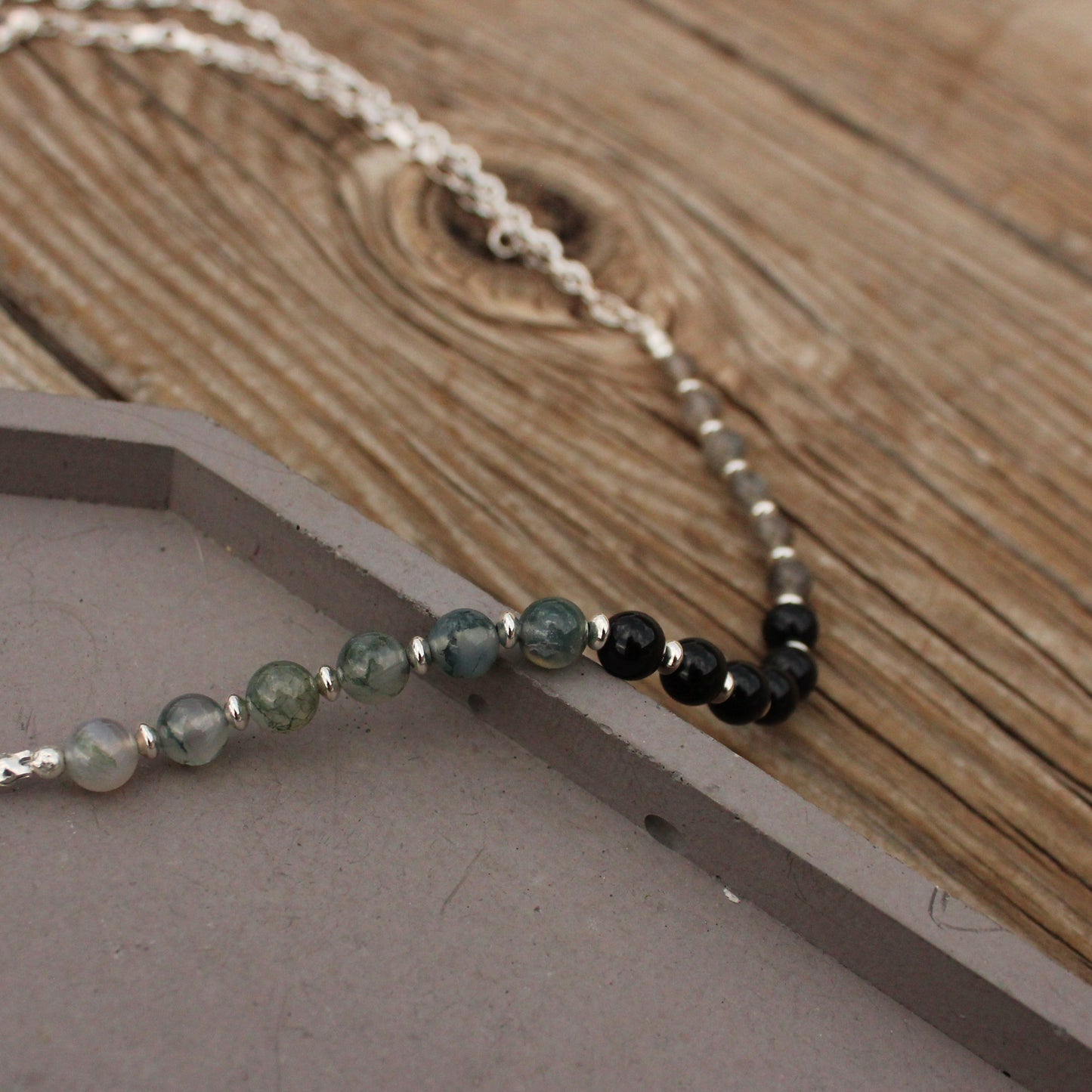 Moss Agate, Onyx, and Black Moonstone Necklace
