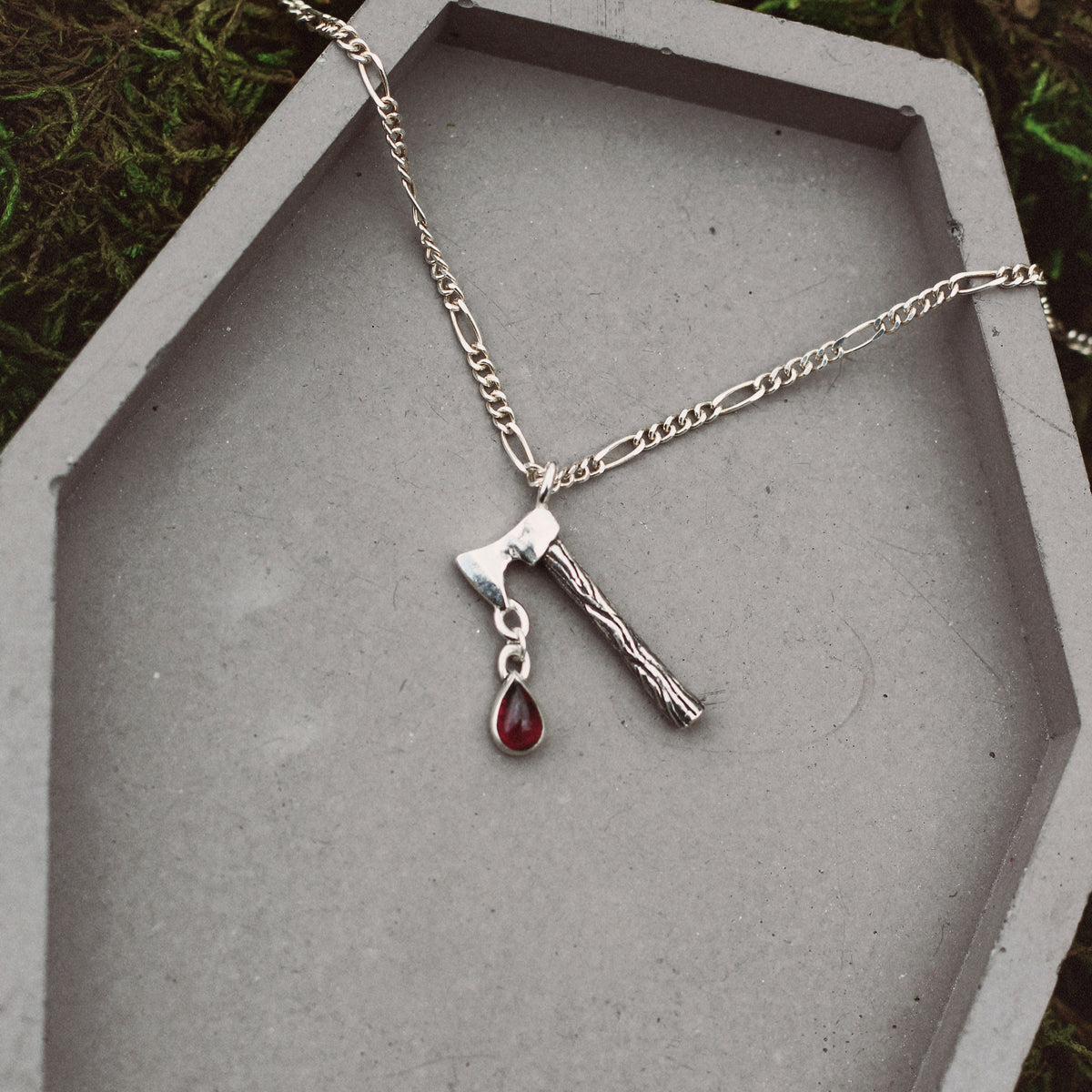 Haunted Hatchet with Garnet Blood Drop Necklace