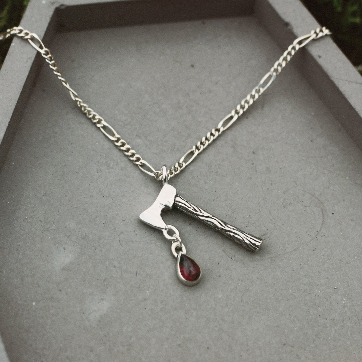Haunted Hatchet with Garnet Blood Drop Necklace
