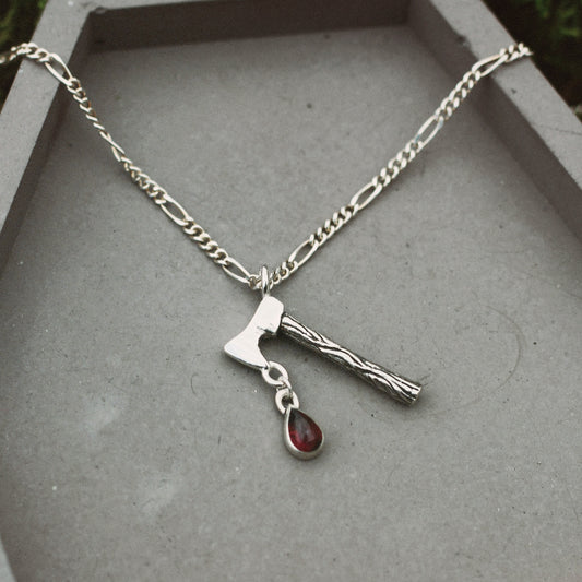 Haunted Hatchet with Garnet Blood Drop Necklace